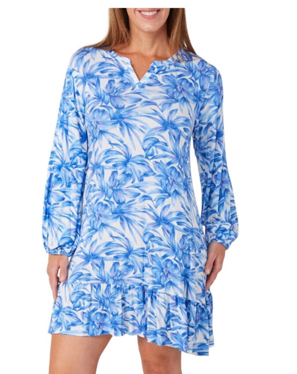 TOMMY BAHAMA Blue Tropical Floral Long Sleeve Short Nightgown Small Soft & Cozy